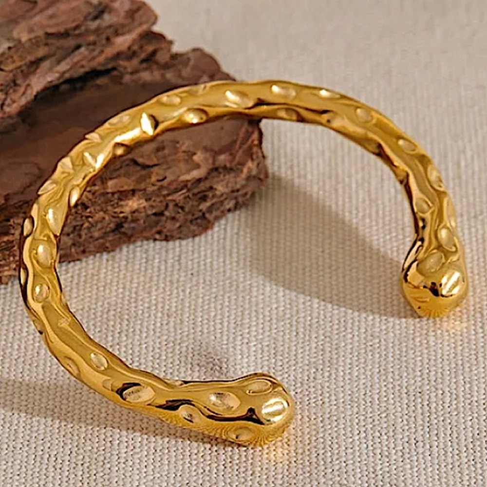 "Hammered Gold Plated Contour Bangle, Unique Stainless Steel Cuff, Trendy